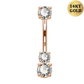 14K Real Rose Gold Belly Ring 14G Three Round Solitaire CZ Navel Ring