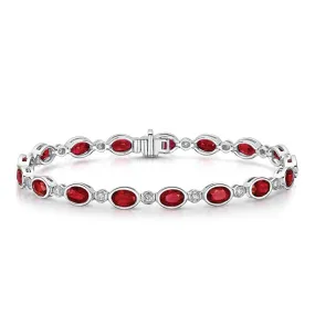 18ct White Gold Oval Ruby & Diamond Rubover Set Line Bracelet