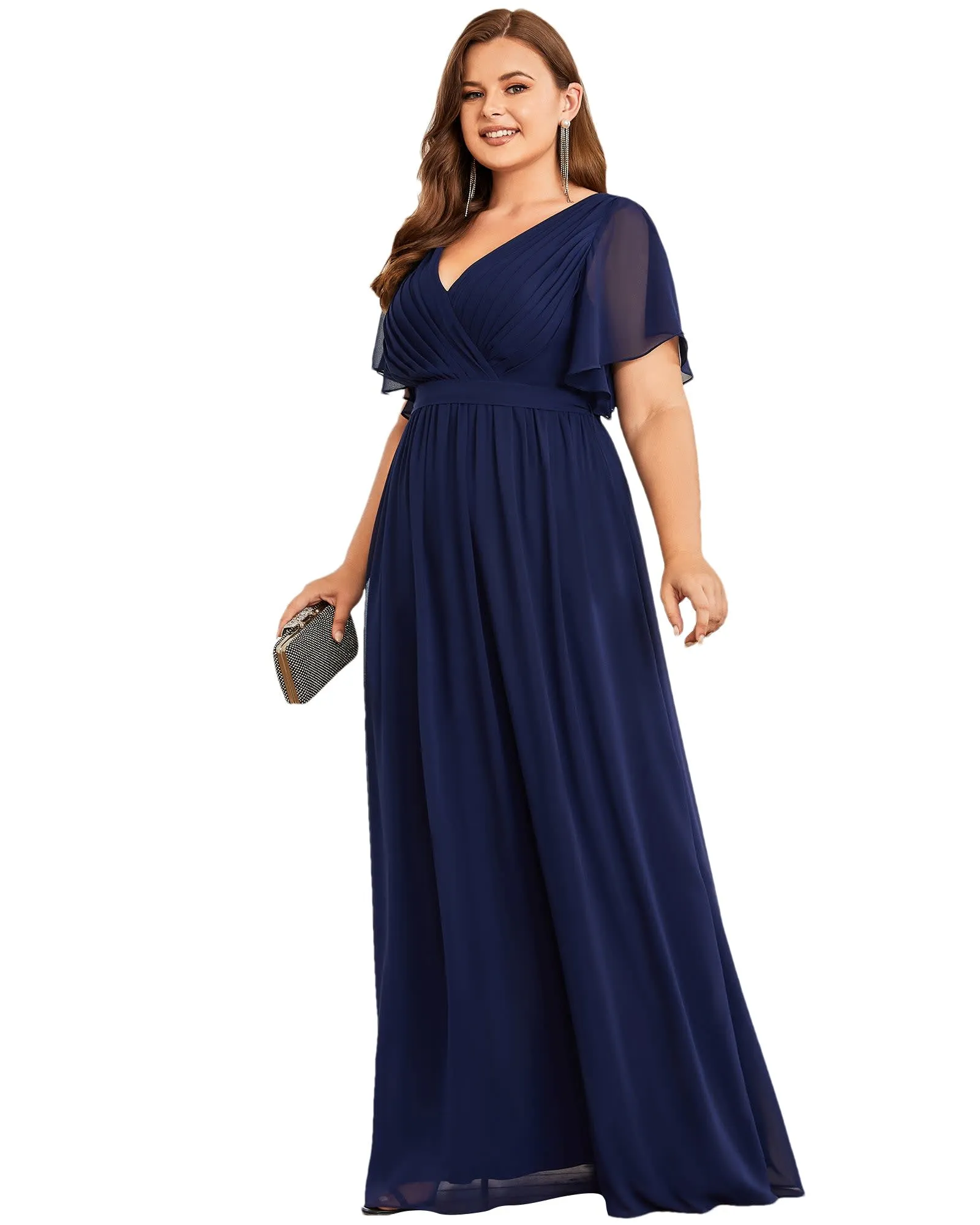 A-Line Pleated Chiffon Tie-Waist Evening Dress | Navy Blue