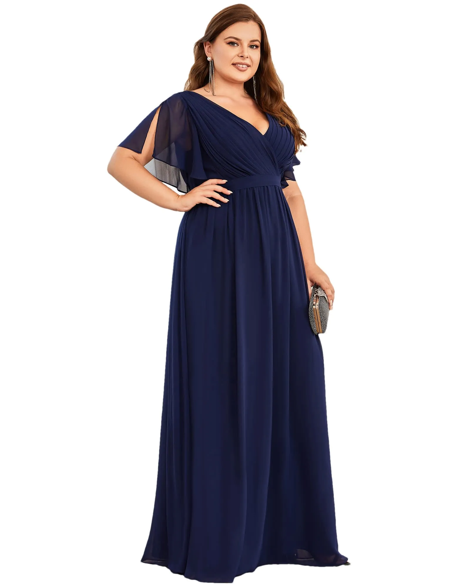 A-Line Pleated Chiffon Tie-Waist Evening Dress | Navy Blue