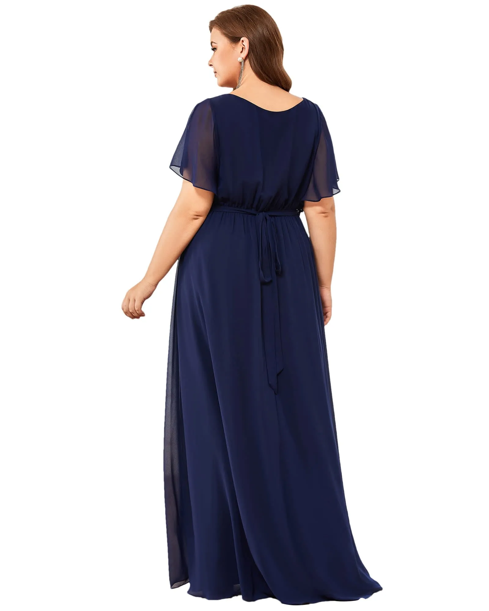 A-Line Pleated Chiffon Tie-Waist Evening Dress | Navy Blue