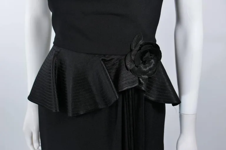 ALBERT NIPON Black Gown with Peplum and Draped Rose Size 6