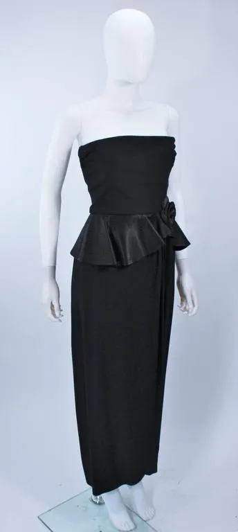 ALBERT NIPON Black Gown with Peplum and Draped Rose Size 6