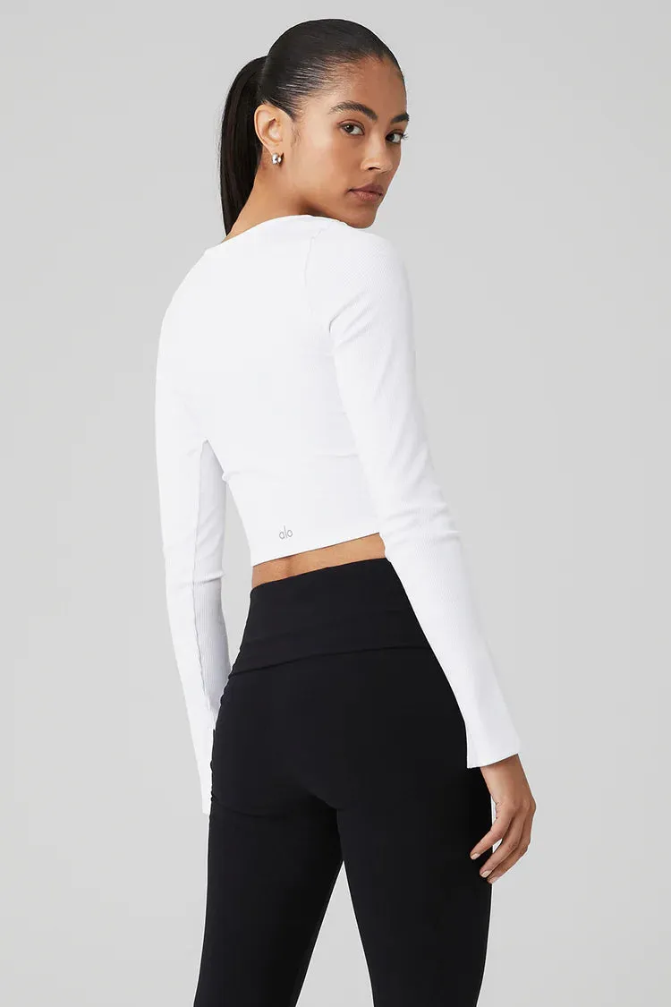 Alo Yoga Women's Alosoft Ribbed Show Stopper Cropped Long Sleeve Shirt - White