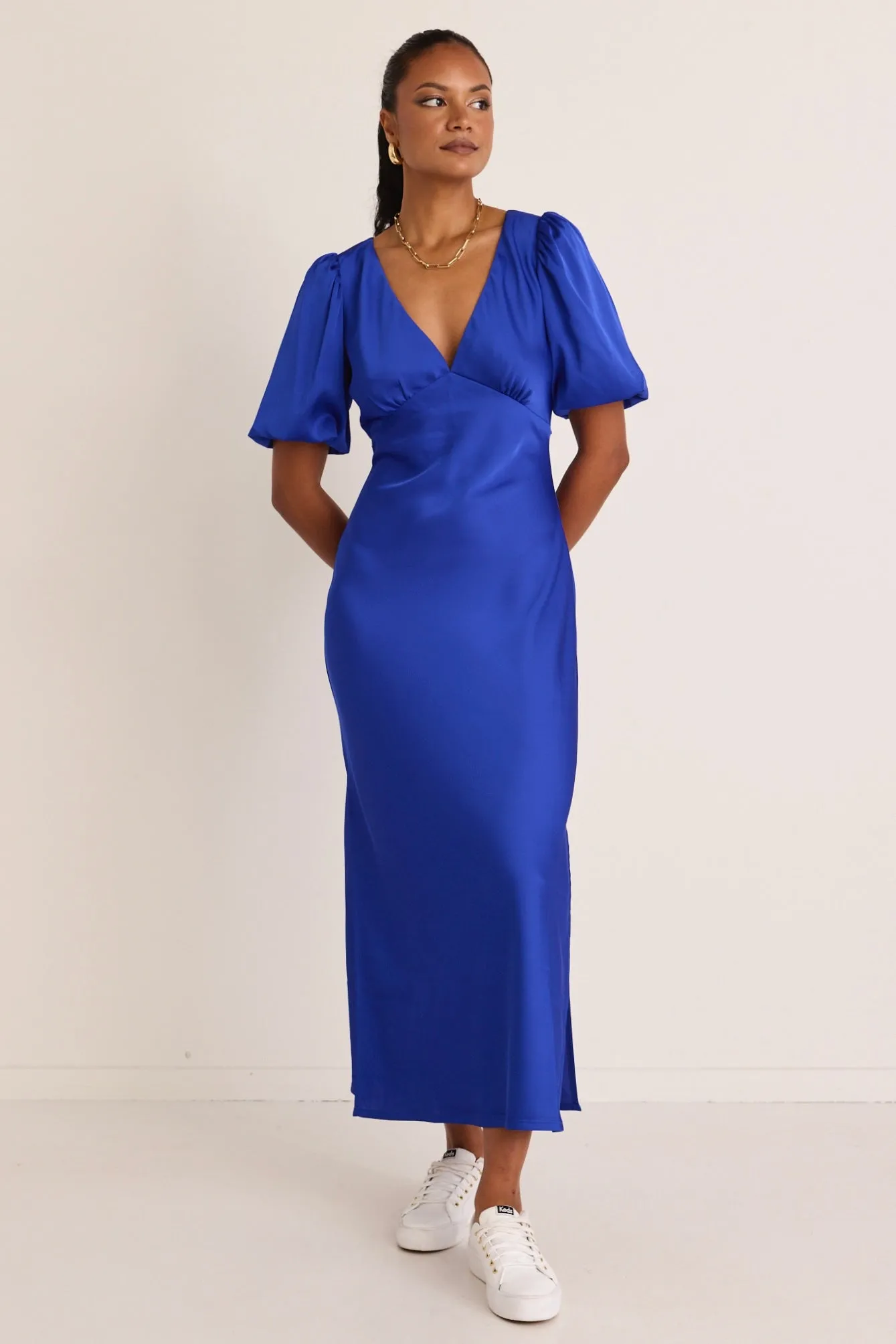 Aura Electric Blue Puff Sleeve Bias Maxi Dress