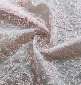 Baby Pink Floral Embroidery Organza Fabric (Wholesale)