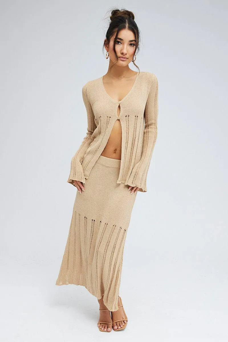 Beige Midi Skirt High Waisted A-line Ladder Knit