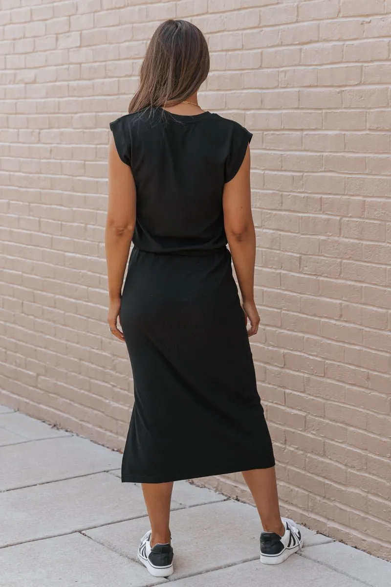 Black Drawstring Slit Midi Dress