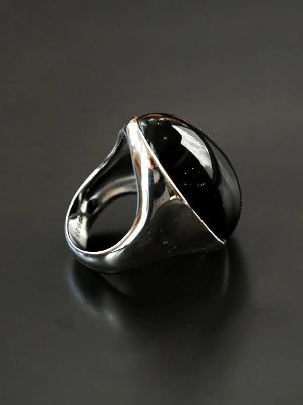 Black Onyx White Chalcedony Oval Egg Sterling Silver Ring