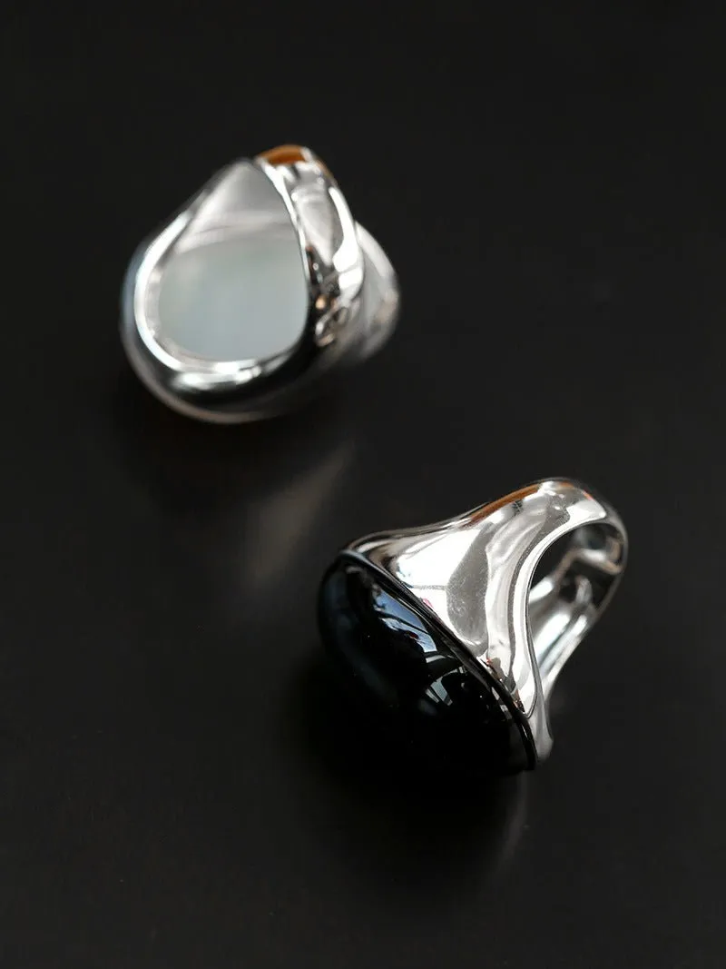 Black Onyx White Chalcedony Oval Egg Sterling Silver Ring