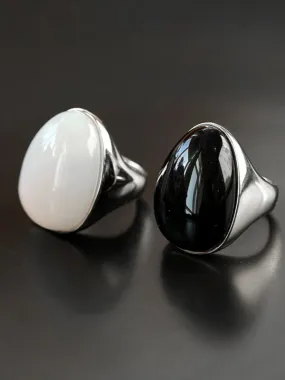 Black Onyx White Chalcedony Oval Egg Sterling Silver Ring