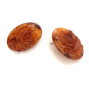 Carnelian Carved Rose Oval Button Stud Earrings