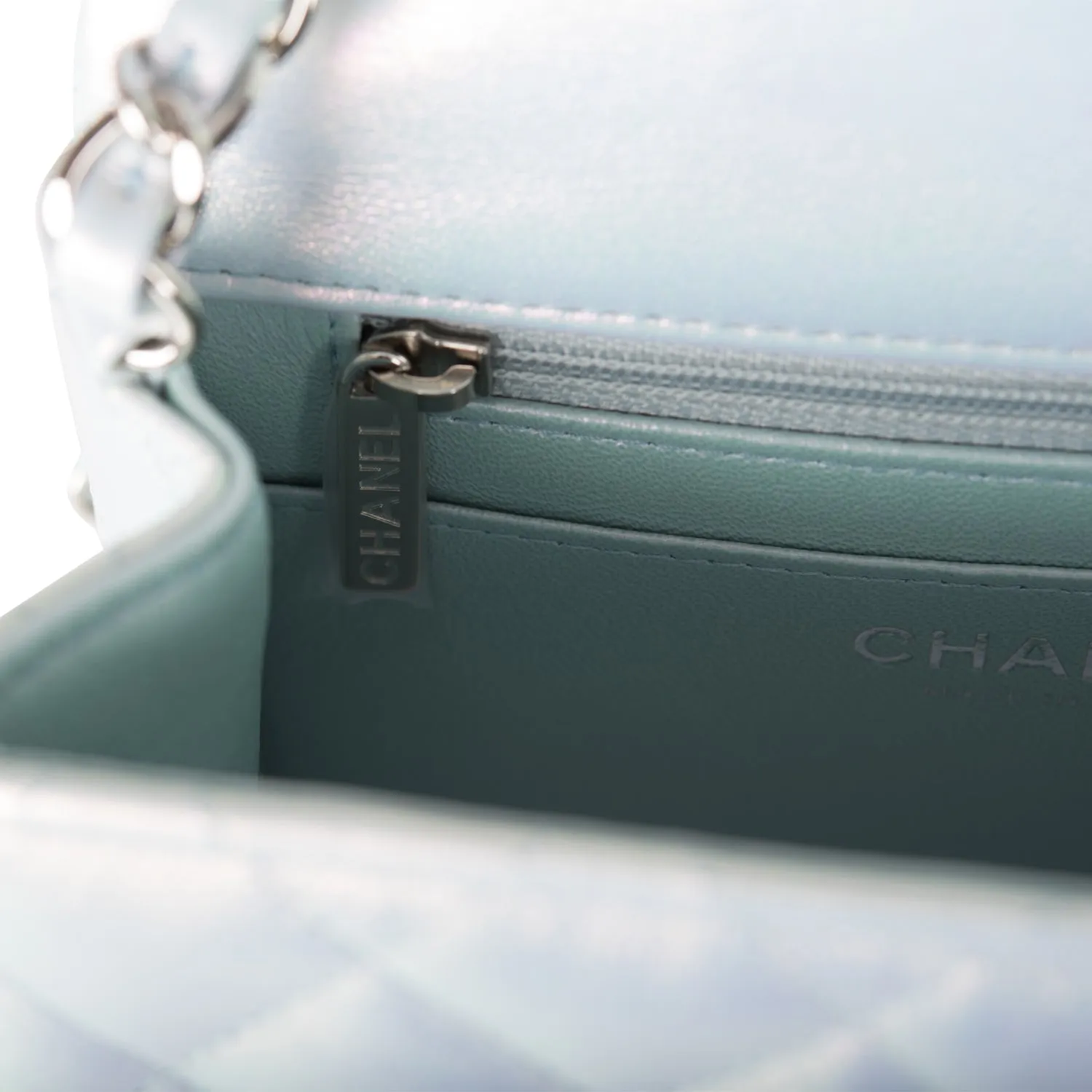 Chanel Mini Square Flap Bag Blue Iridescent Lambskin Silver Hardware