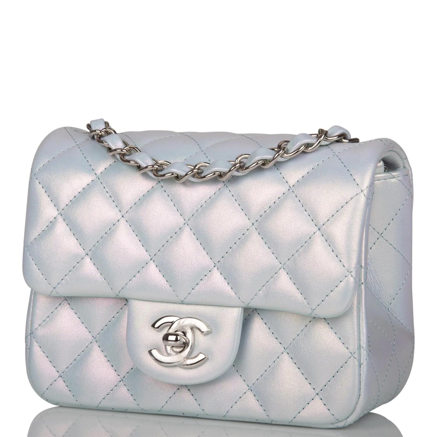 Chanel Mini Square Flap Bag Blue Iridescent Lambskin Silver Hardware