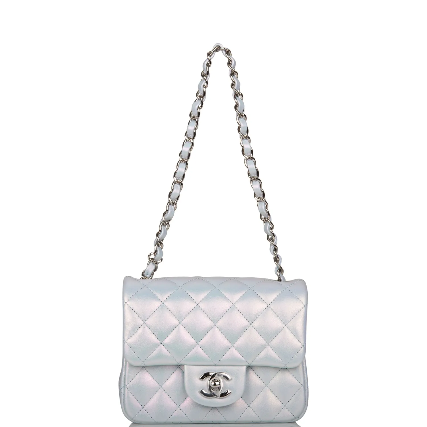 Chanel Mini Square Flap Bag Blue Iridescent Lambskin Silver Hardware