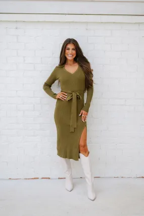 Collared Sweater Knit Midi Dress- Olive