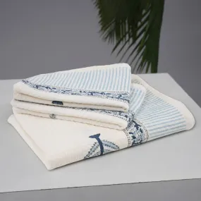 Cotton Hand And Bath Towel Set | Block Printed In White & Blue Pattern | Super Absorbent, Soft & Faster Drying | 300 GSM | Handmade In India