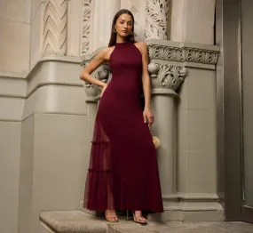 Crepe Halter Gown With Sheer Ruffled Mesh Skirt In Blackened Red