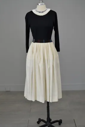 Early 1950s Black and Cream Egyptian Beaded Neckline Cocktail Party Dress | Jersey Bodice, Full Skirt | Bonwit Teller | XXS