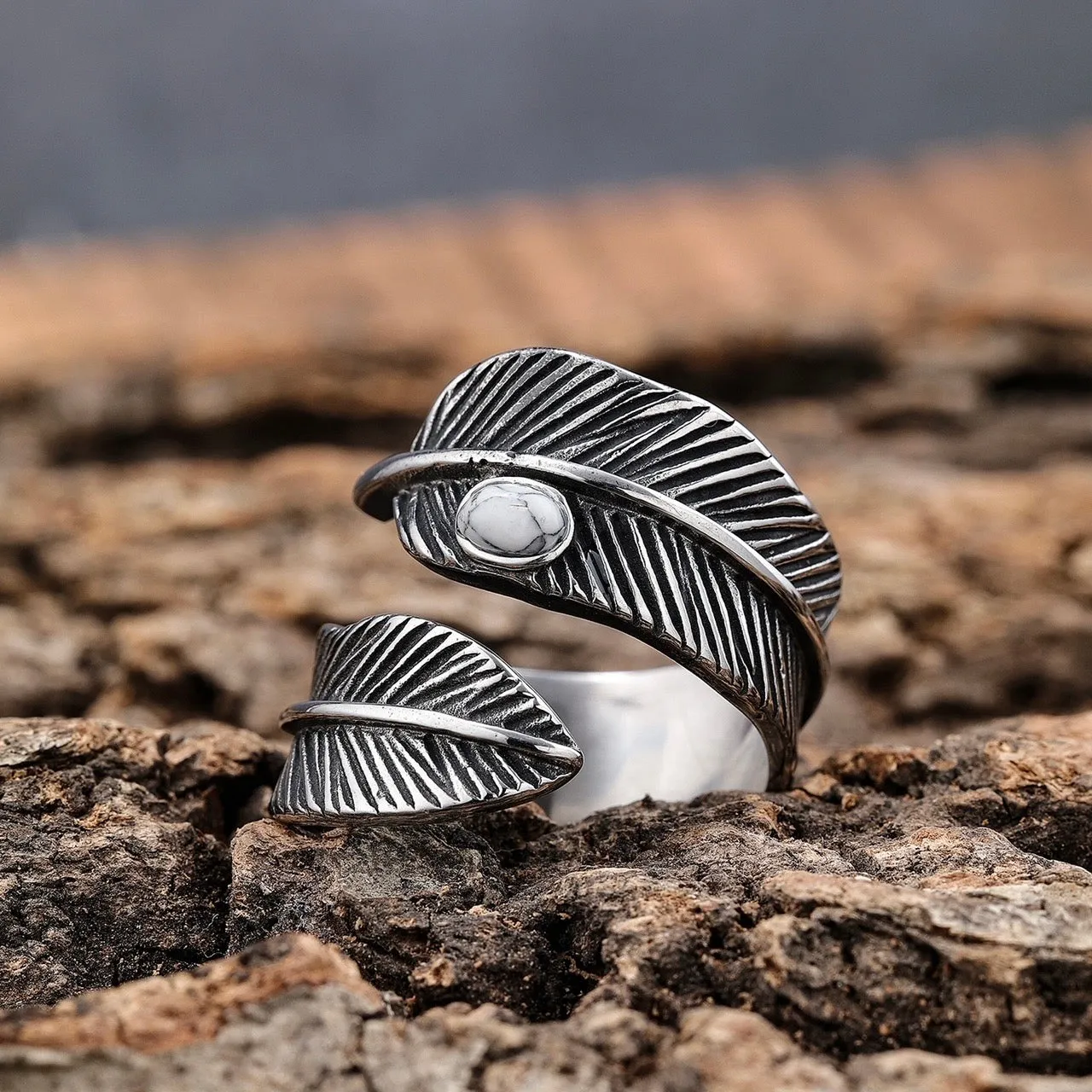 Feather & White Stone Ring - R189