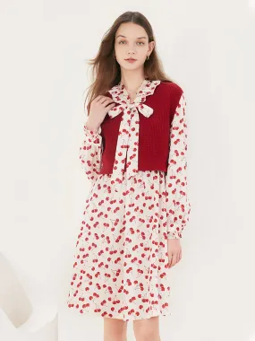 Floral Dress And Woolen Vest Two-Piece Set