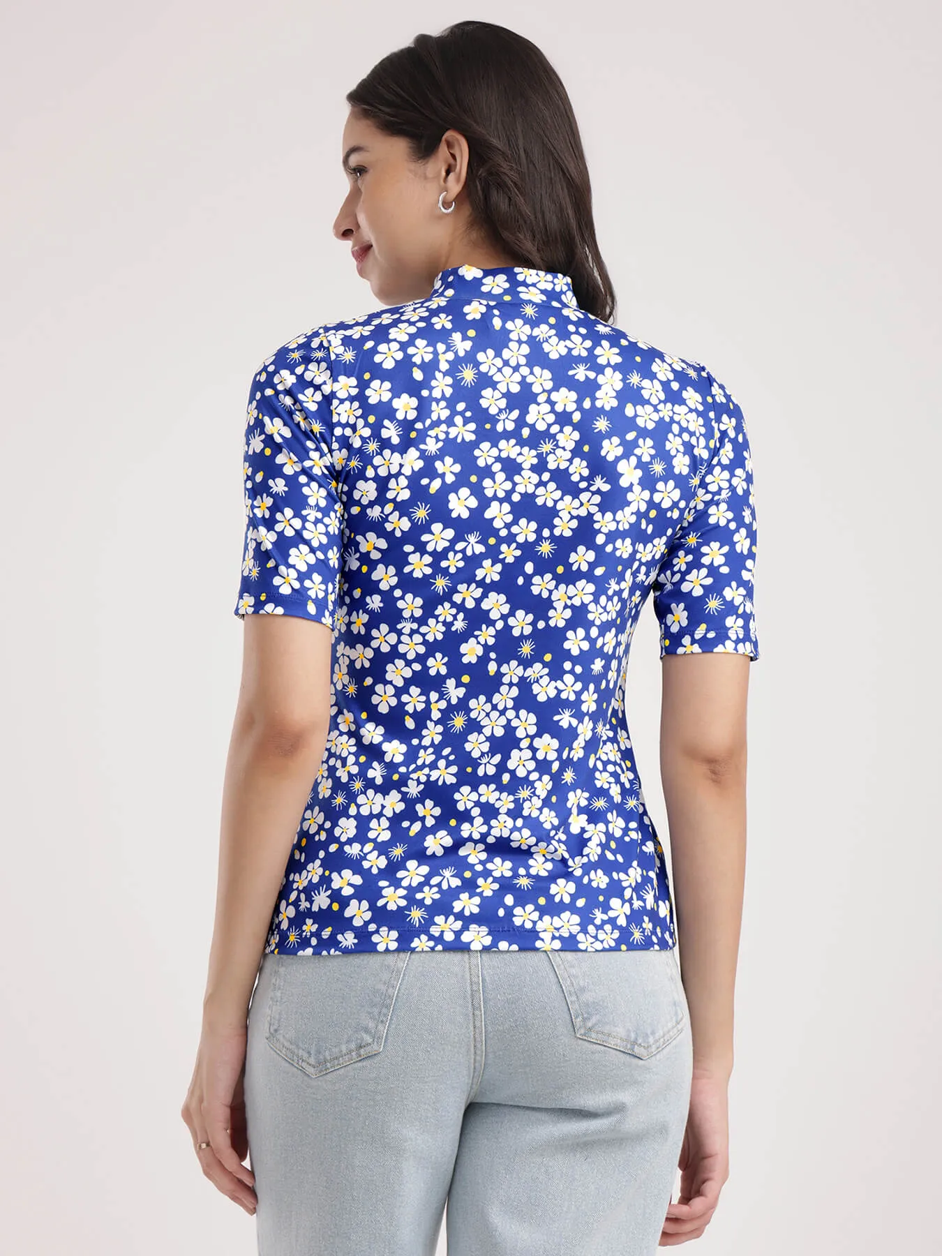 Floral Knitted T-Shirt - Blue And White