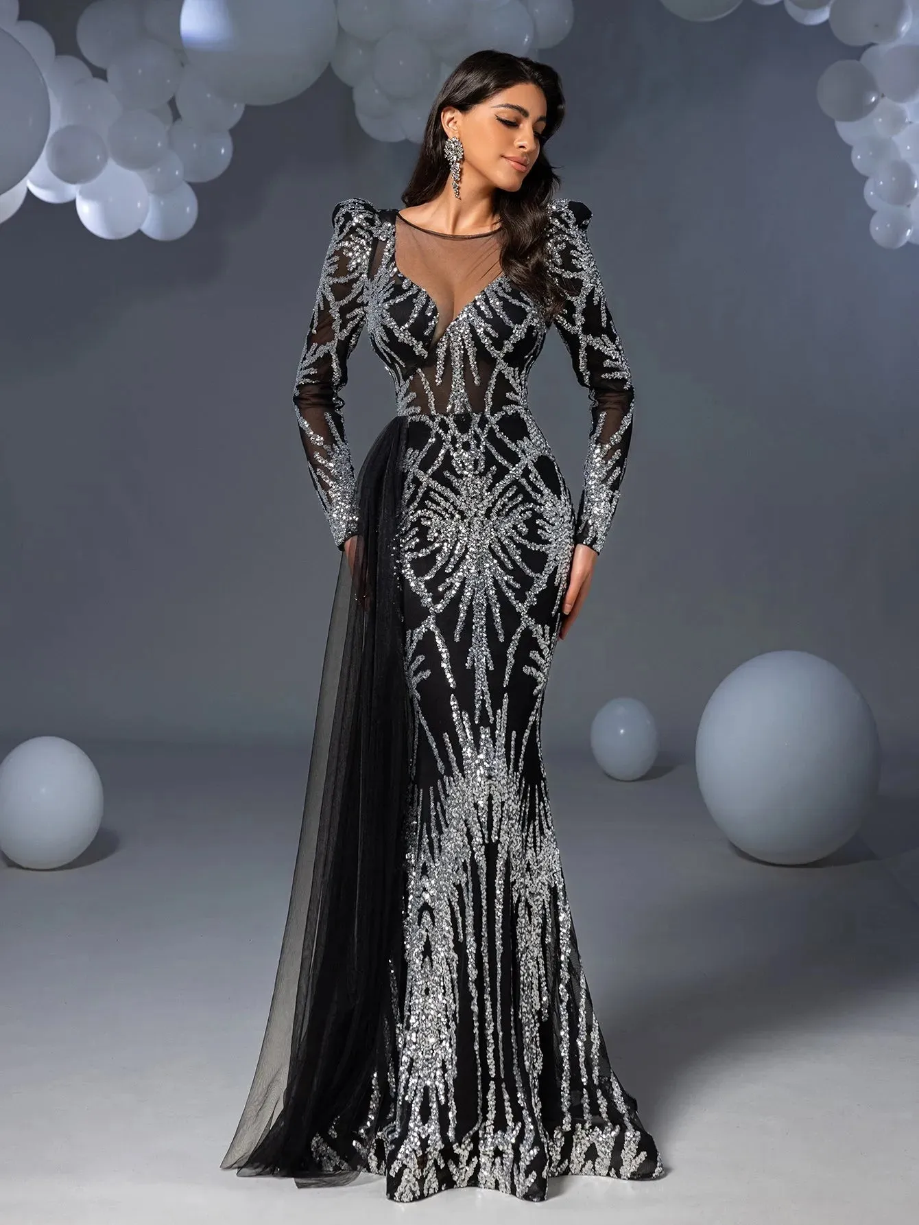 Gorgeous Graphic Sequin Sheer Overlay Mermaid Hem Evening Dress