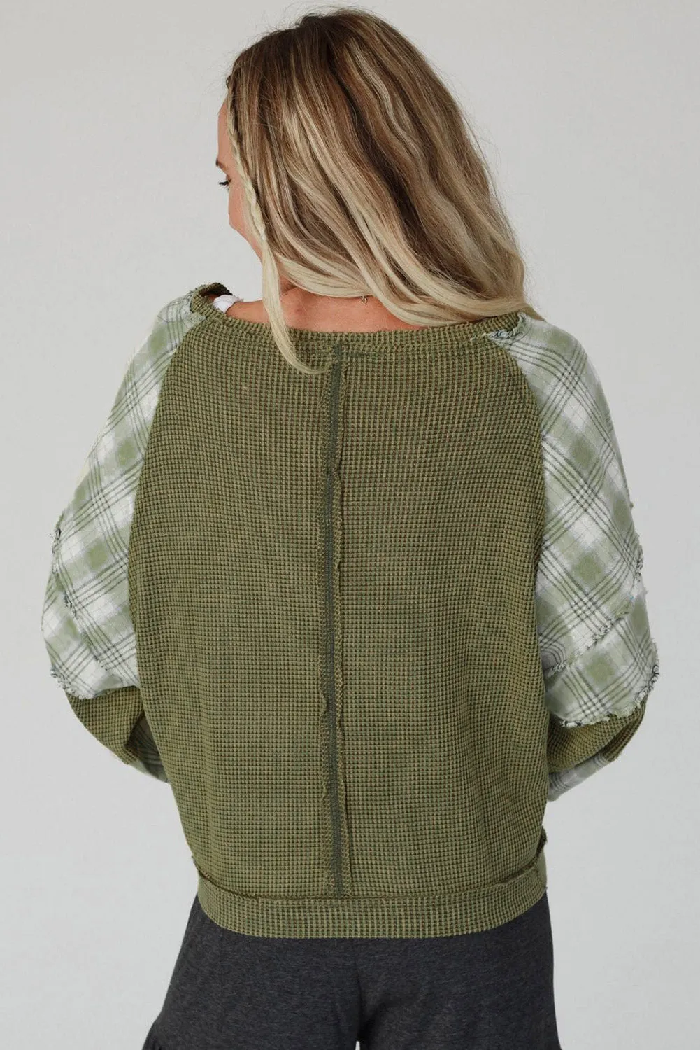 Green Plaid Patch Waffle Knit Exposed Seam Bubble Sleeve Top