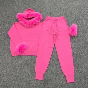 Hot Pink Luxury Fur Trim Hood & Cuff Jogger Tracksuit