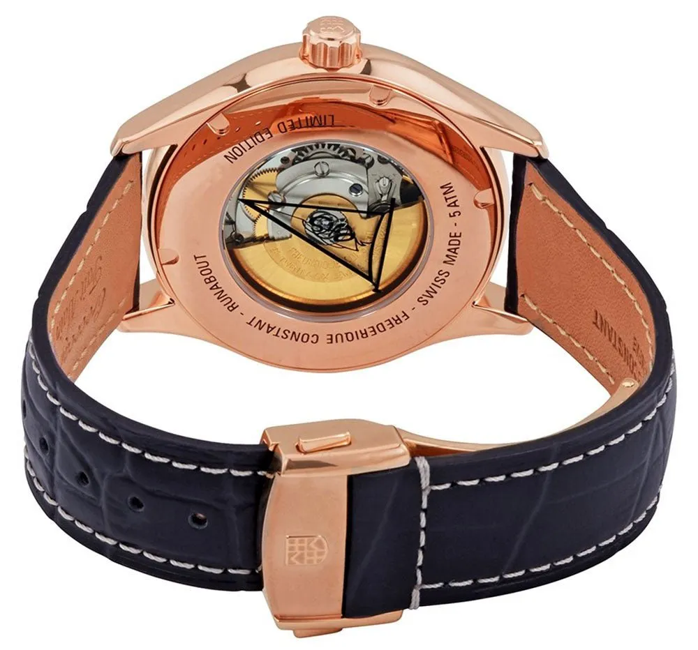 Limited Edition Frederique Constant Runabout Rose Gold Tone Steel Automatic Blue Dial Blue Leather Strap Mens Watch FC-303RMN5B4