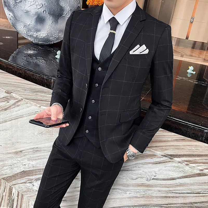 Mens 3 Piece Slim Fit Plaid Suit Formal Business Tuxedos Blazer Vest Pants | 812