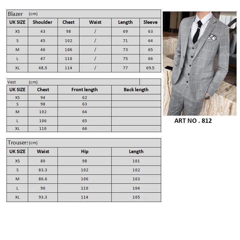 Mens 3 Piece Slim Fit Plaid Suit Formal Business Tuxedos Blazer Vest Pants | 812