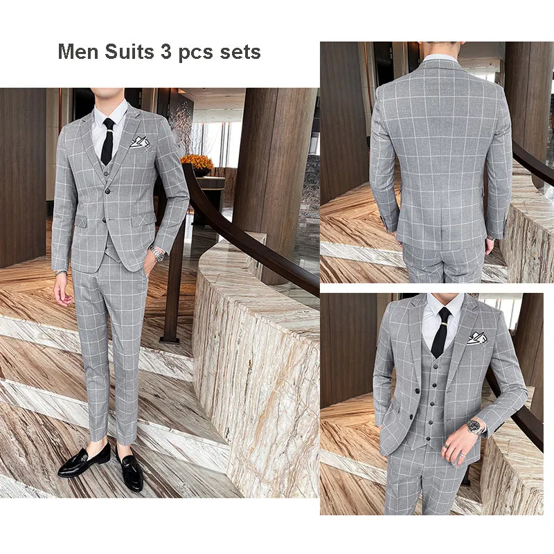 Mens 3 Piece Slim Fit Plaid Suit Formal Business Tuxedos Blazer Vest Pants | 812