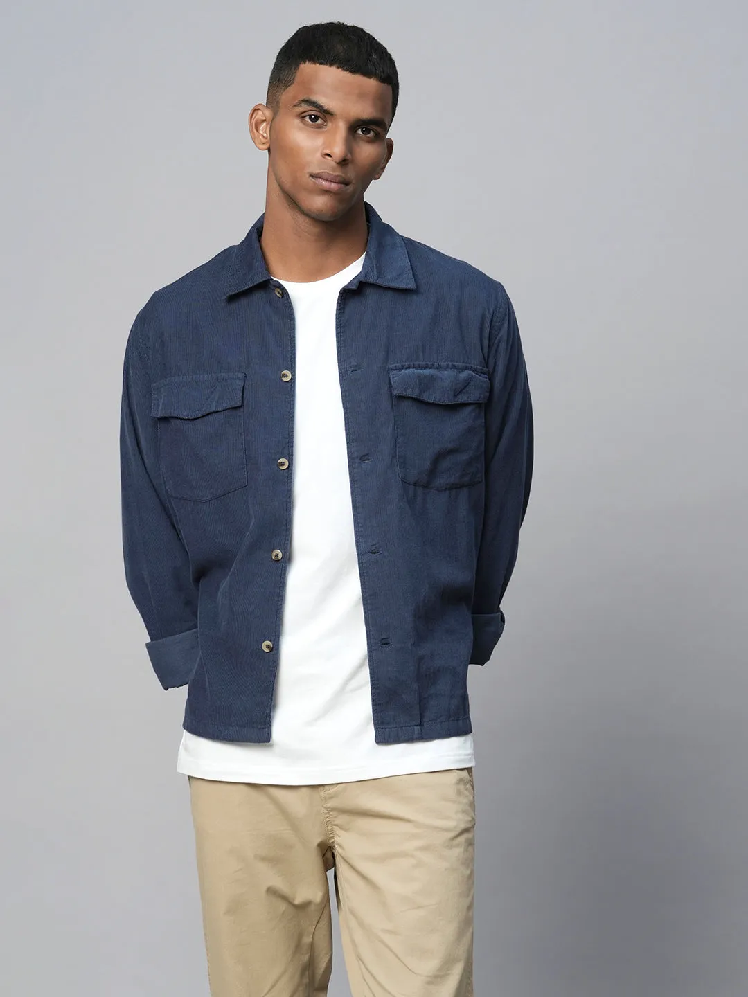 Men's Navy Cotton Regular Fit Jacket