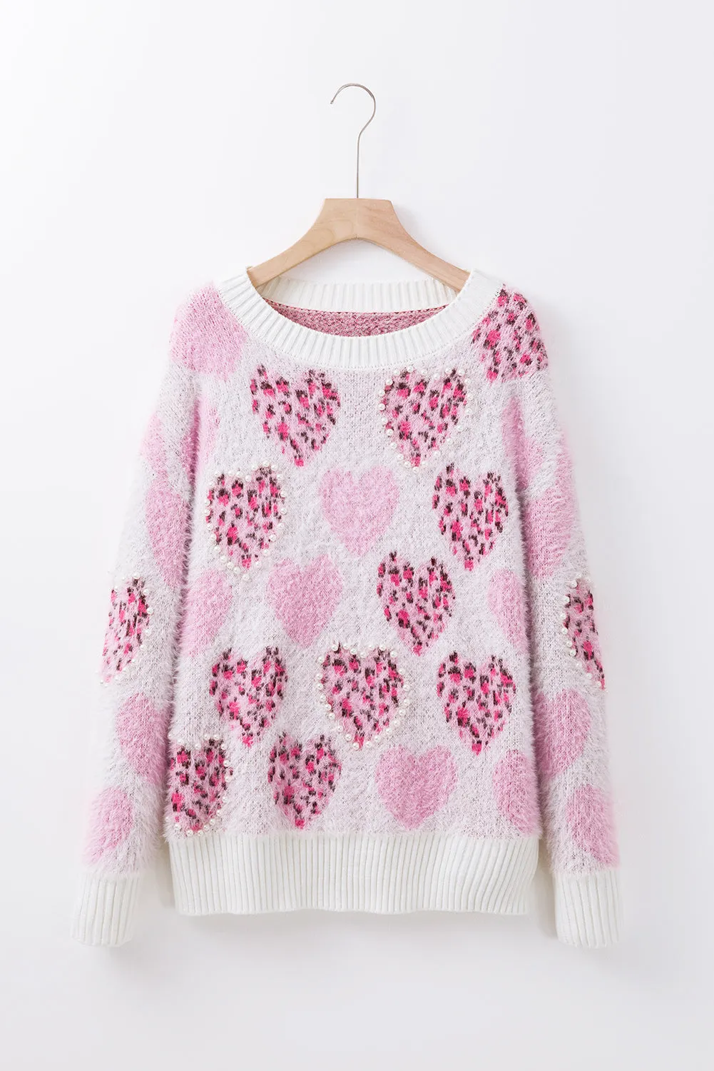 Pink Heart Leopard Print Pearled Ribbed Trim Fuzzy Sweater