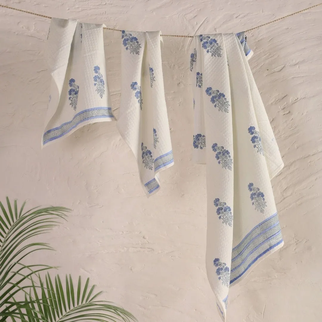 Pure Cotton Hand and Bath Towel Set | Hand Block Printed In Blue Floral Pattern | Handmade In India