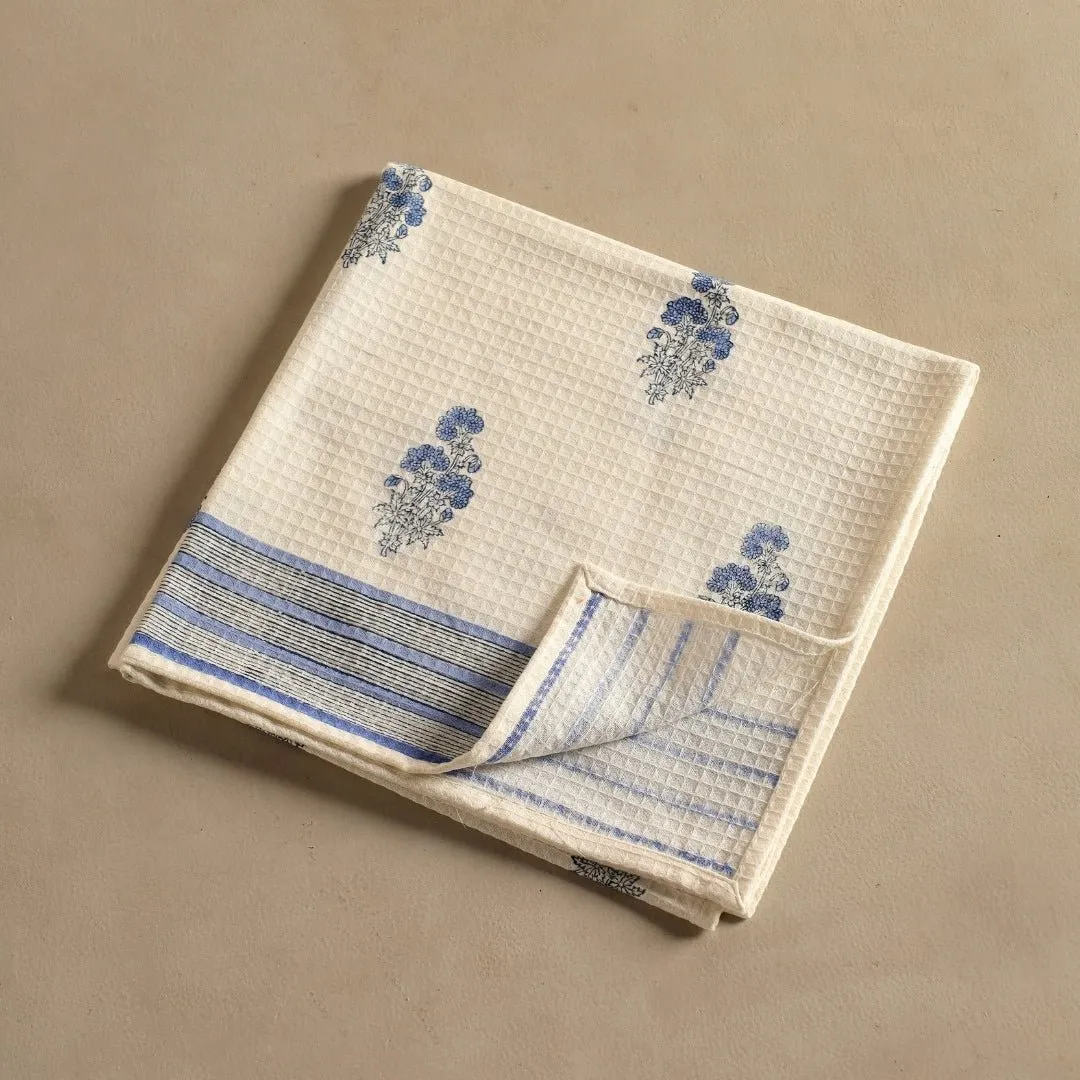 Pure Cotton Hand and Bath Towel Set | Hand Block Printed In Blue Floral Pattern | Handmade In India