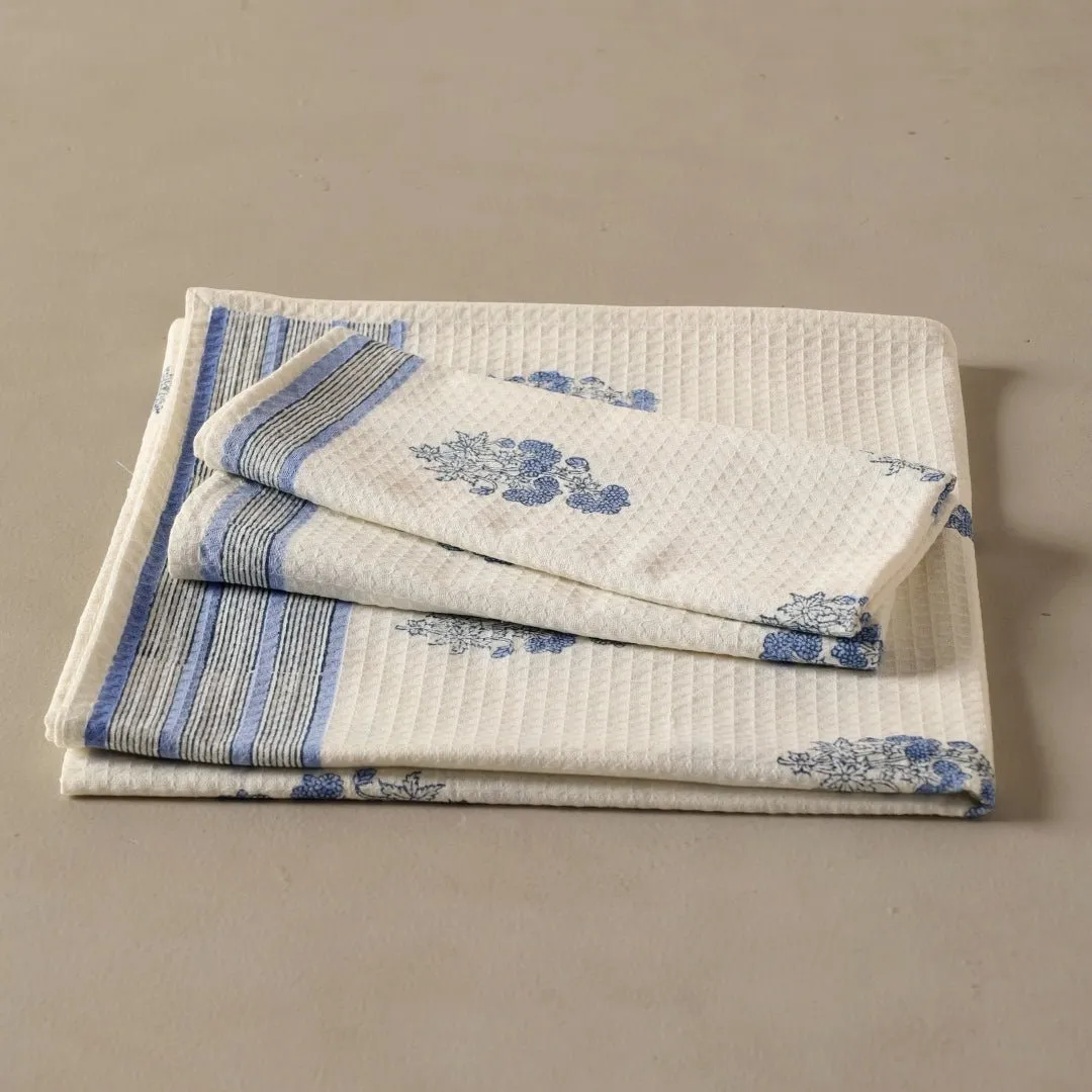 Pure Cotton Hand and Bath Towel Set | Hand Block Printed In Blue Floral Pattern | Handmade In India