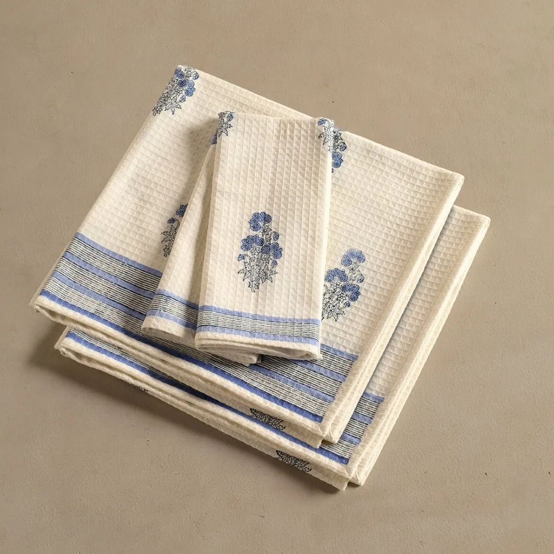 Pure Cotton Hand and Bath Towel Set | Hand Block Printed In Blue Floral Pattern | Handmade In India