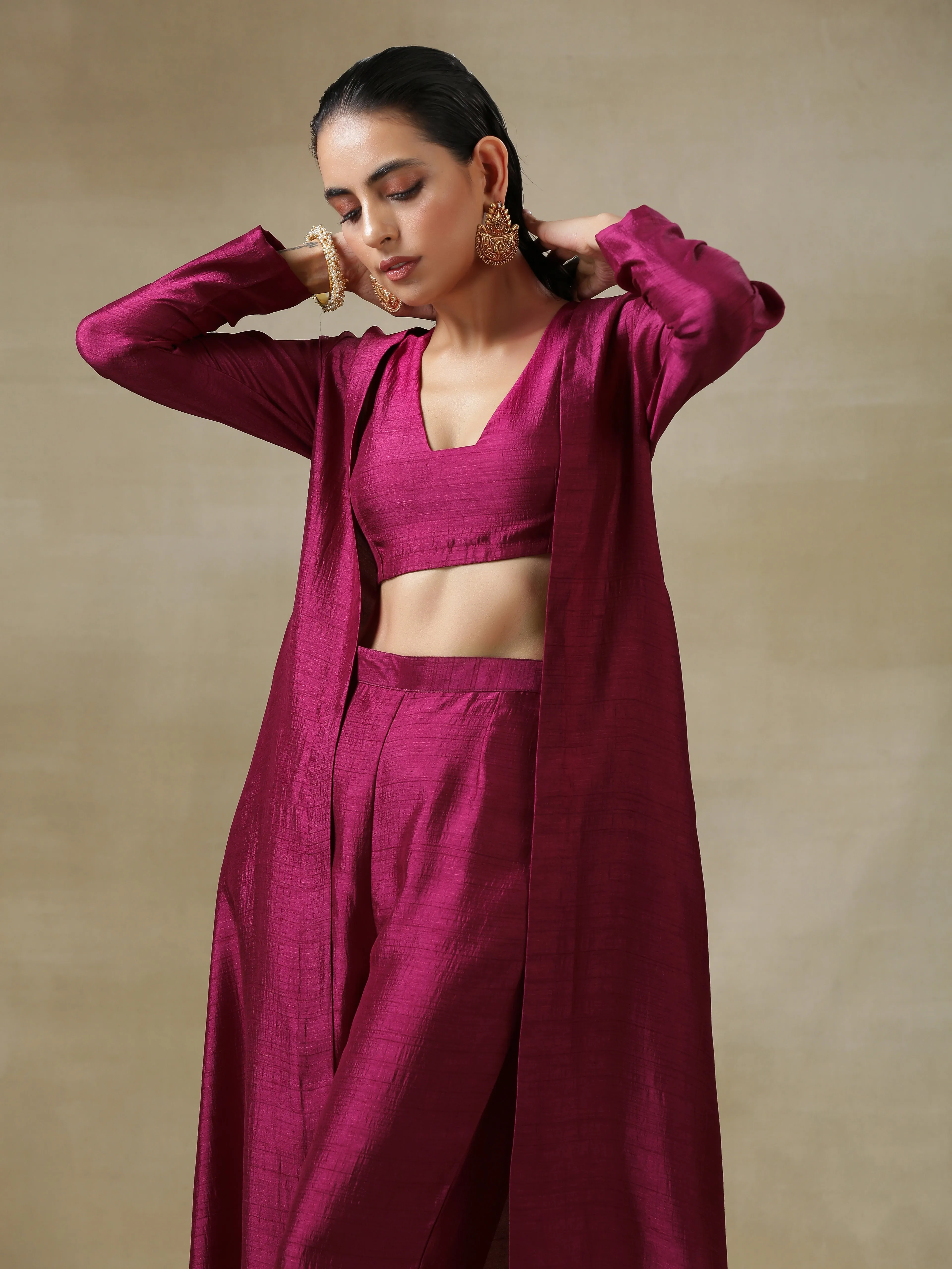 Purple Textured Silk Overlay Jacket Blouse Pant Set | Relove