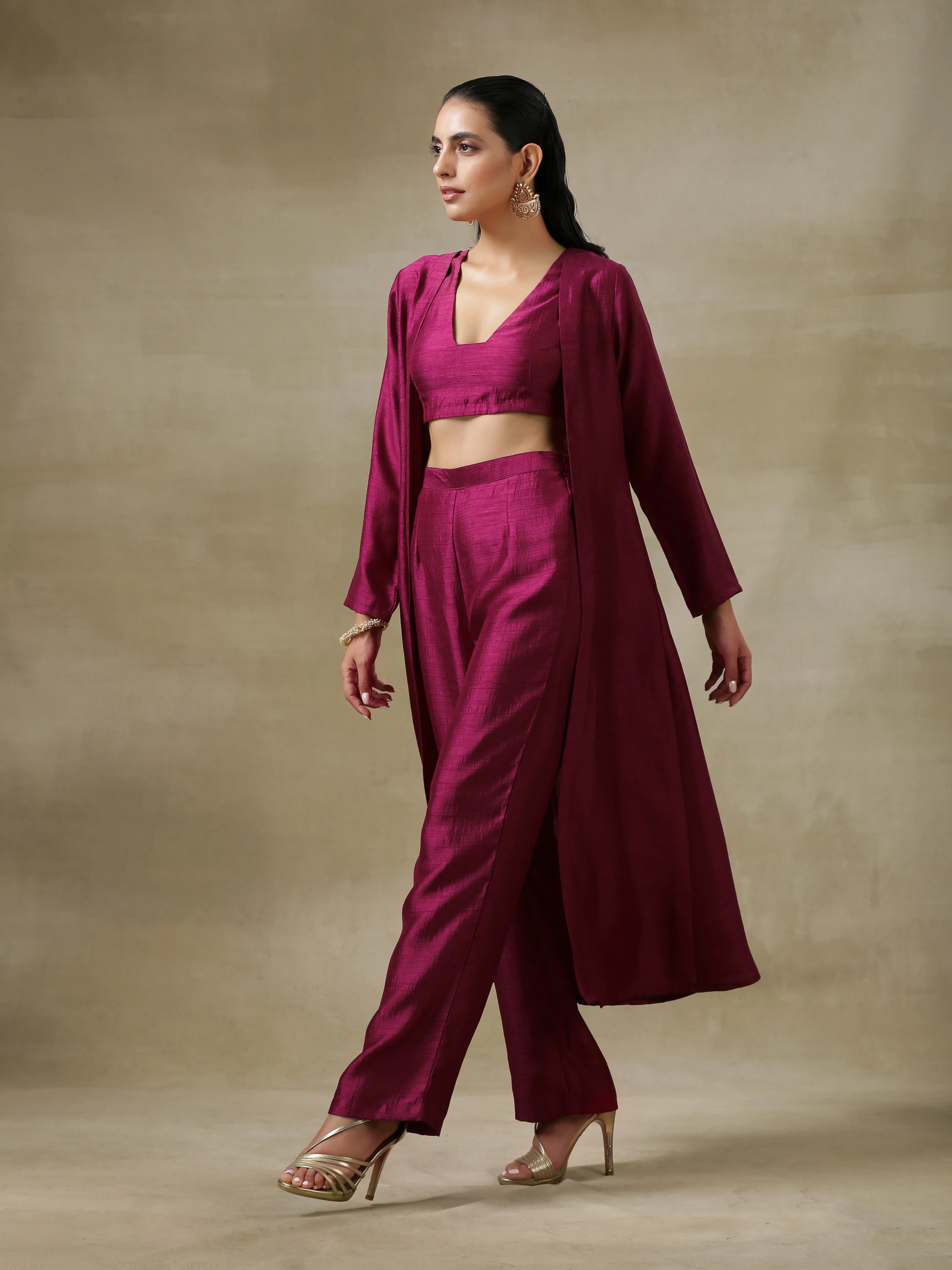 Purple Textured Silk Overlay Jacket Blouse Pant Set | Relove