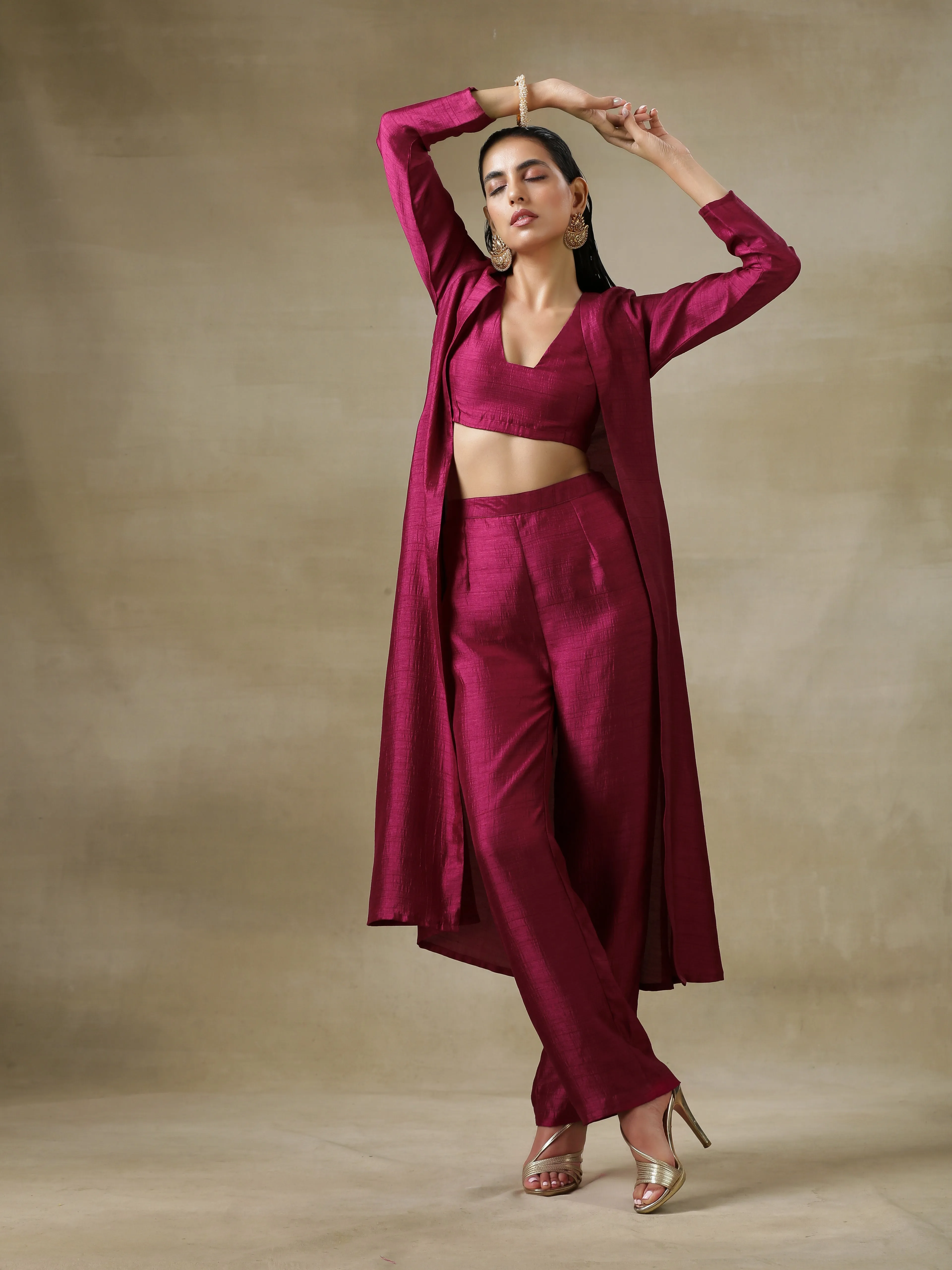 Purple Textured Silk Overlay Jacket Blouse Pant Set | Relove