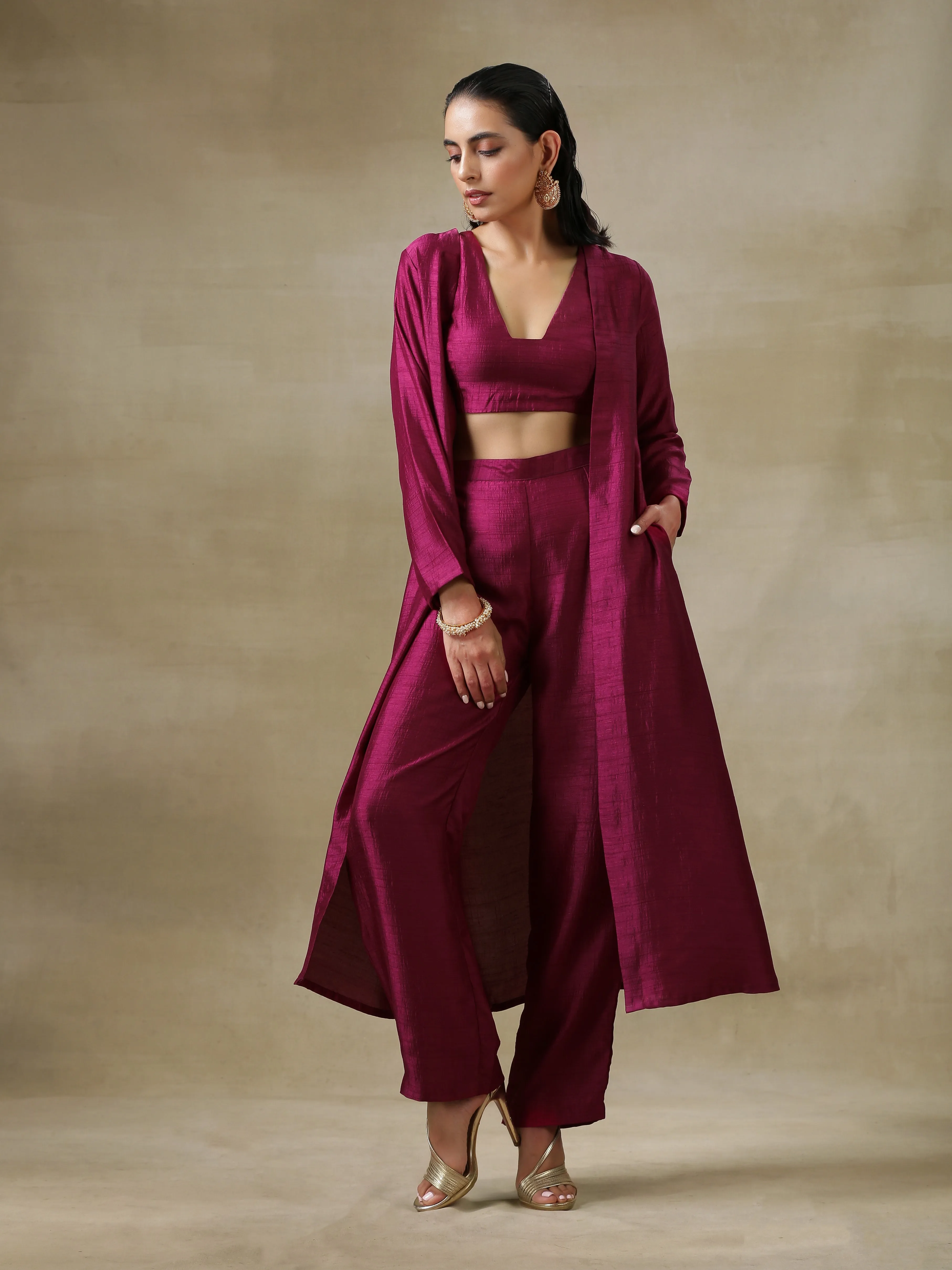 Purple Textured Silk Overlay Jacket Blouse Pant Set | Relove