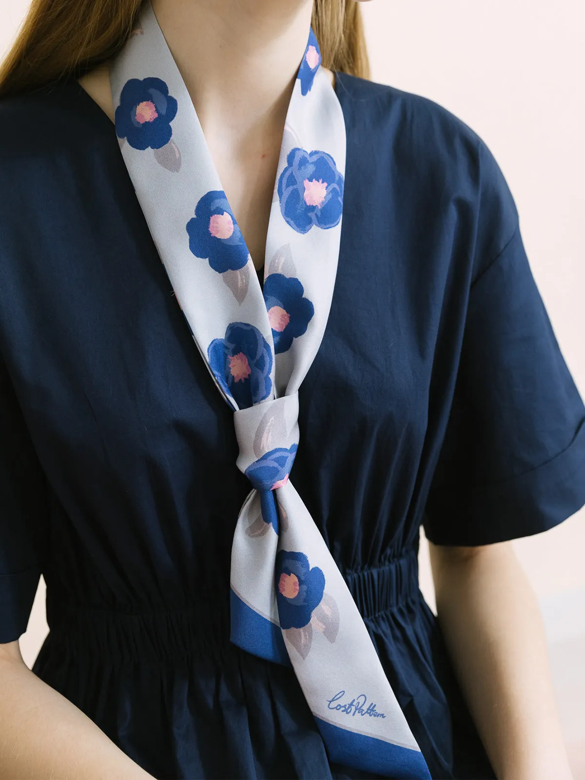 "Camellia" Silk Twilly Neck Bow - Blue