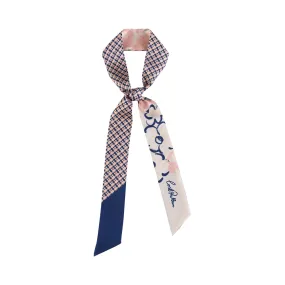 "Floral Houndstooth" Silk Skinny Scarf - Blue