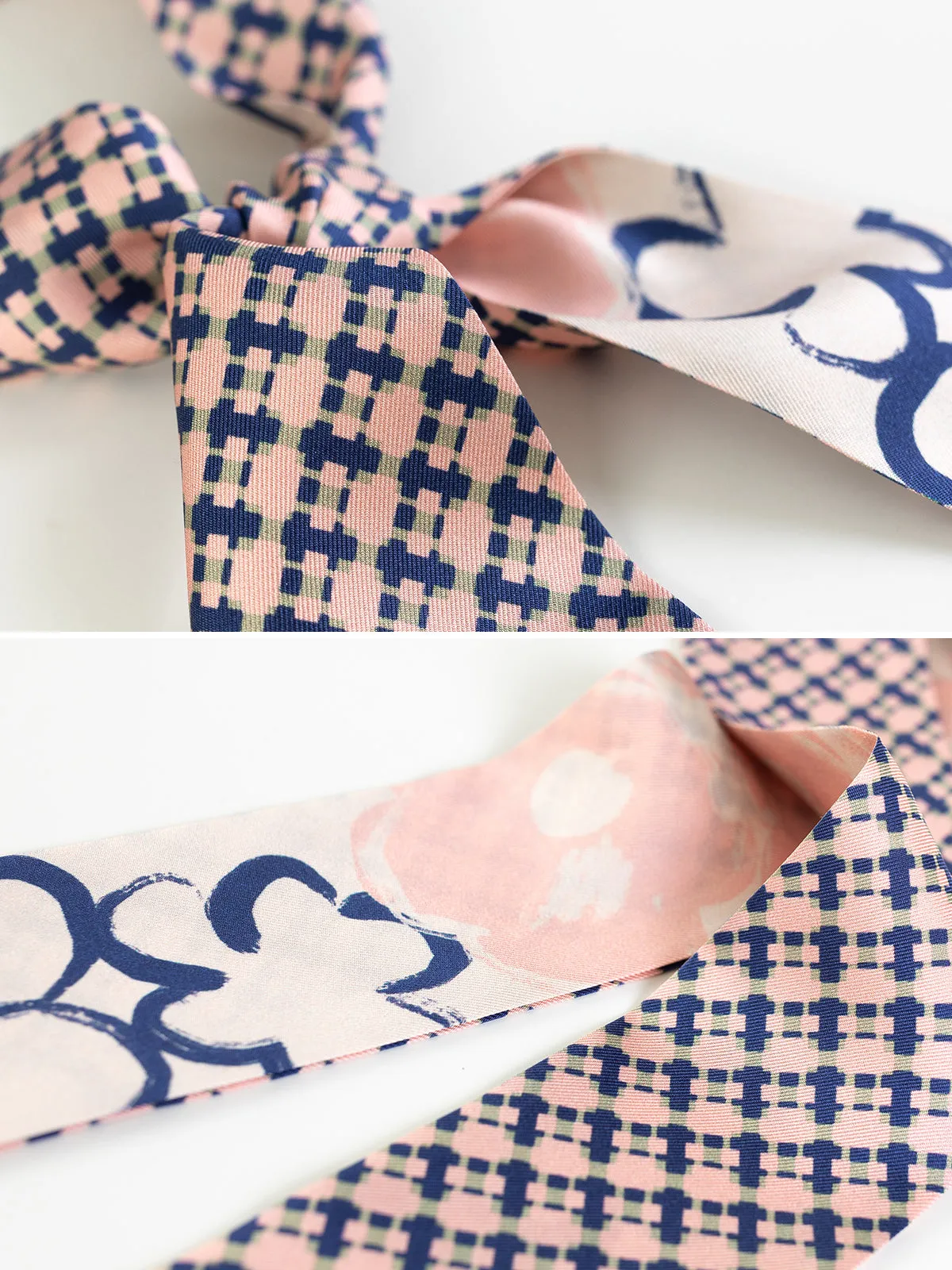 "Floral Houndstooth" Silk Skinny Scarf - Blue