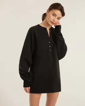 So Uptight French Terry Plunge Henley Sweatshirt Dress in Black