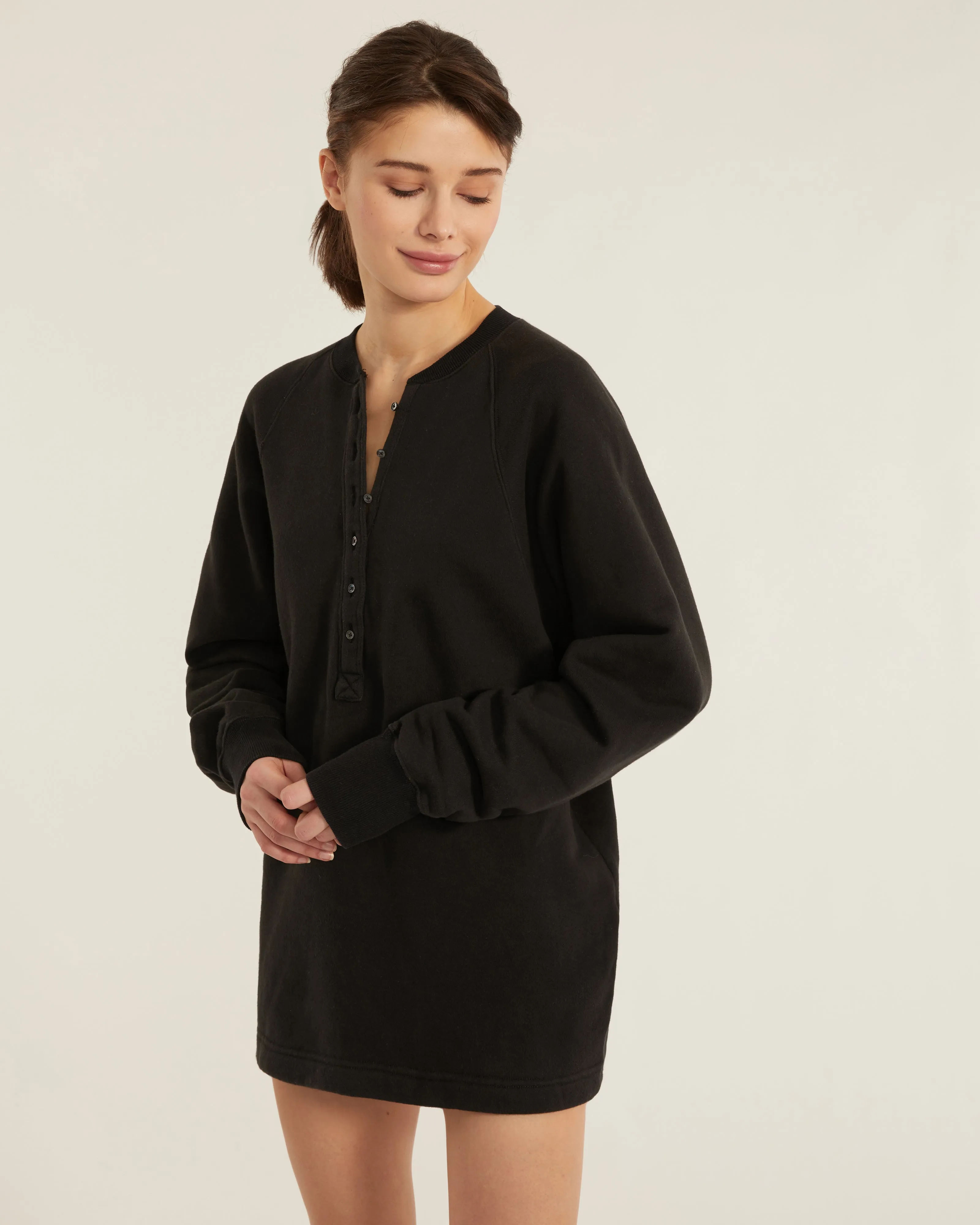 So Uptight French Terry Plunge Henley Sweatshirt Dress in Black