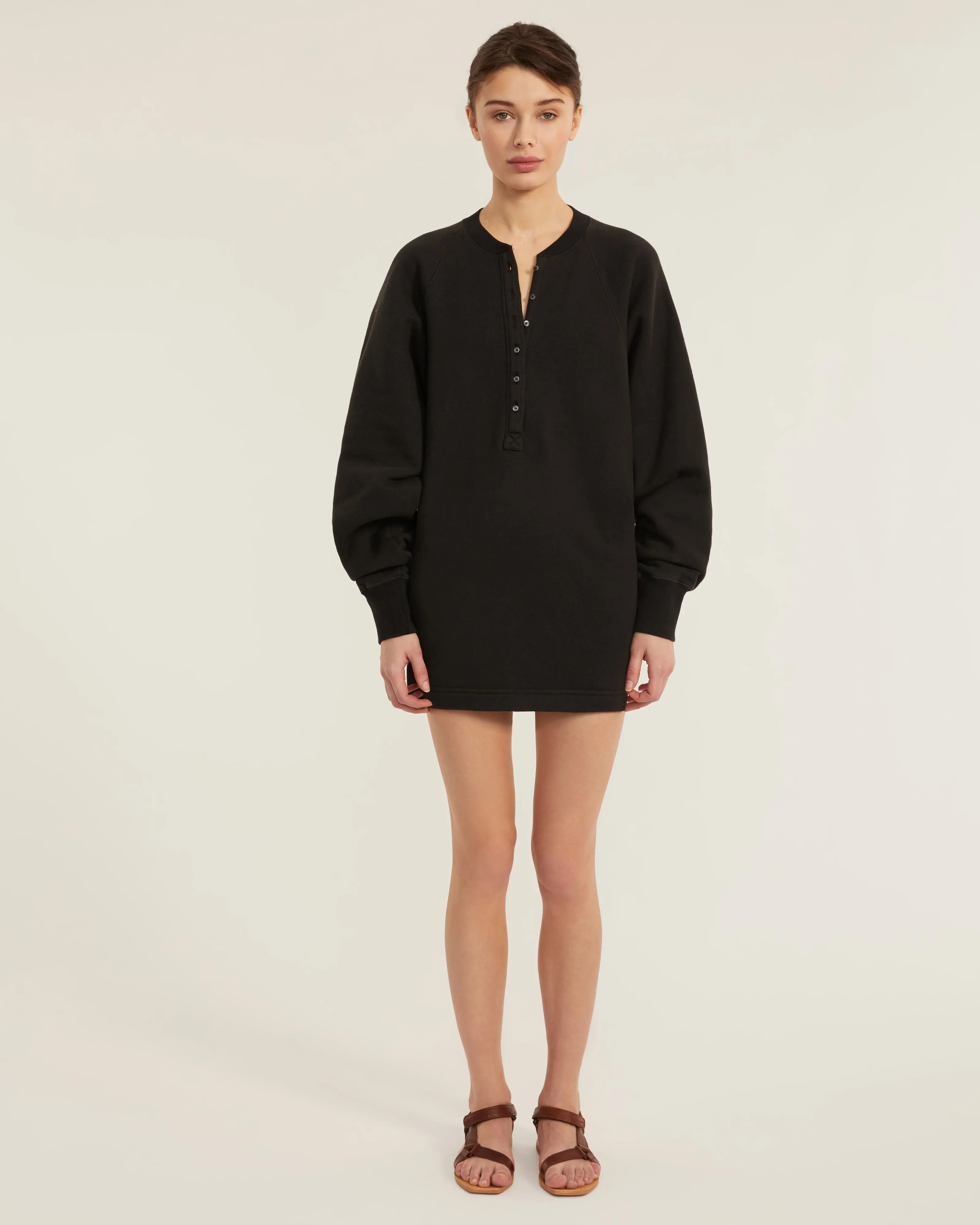 So Uptight French Terry Plunge Henley Sweatshirt Dress in Black