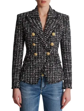 Women’s Double-Breasted Tweed Blazer with Gold Buttons